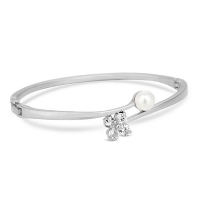 Silver cubic zirconia flower and pearl bangle